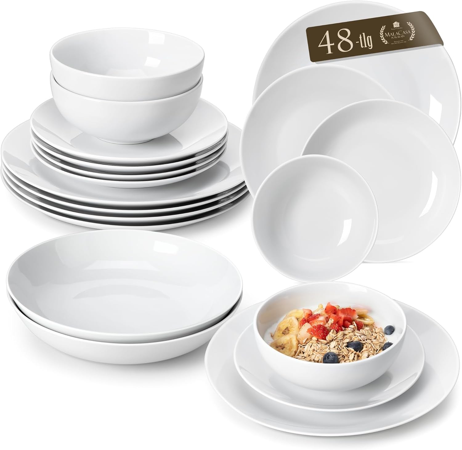 Set de veselă MALACASA pentru 12 persoane, Set de veselă modern din porțelan Amelia, 48 de piese, Serviciu de masă cu 12 farfurii de cină, farfurii de desert, farfurii de sumă și boluri pentru cereale, Set de farfurii modern pentru 12 persoane - Alb