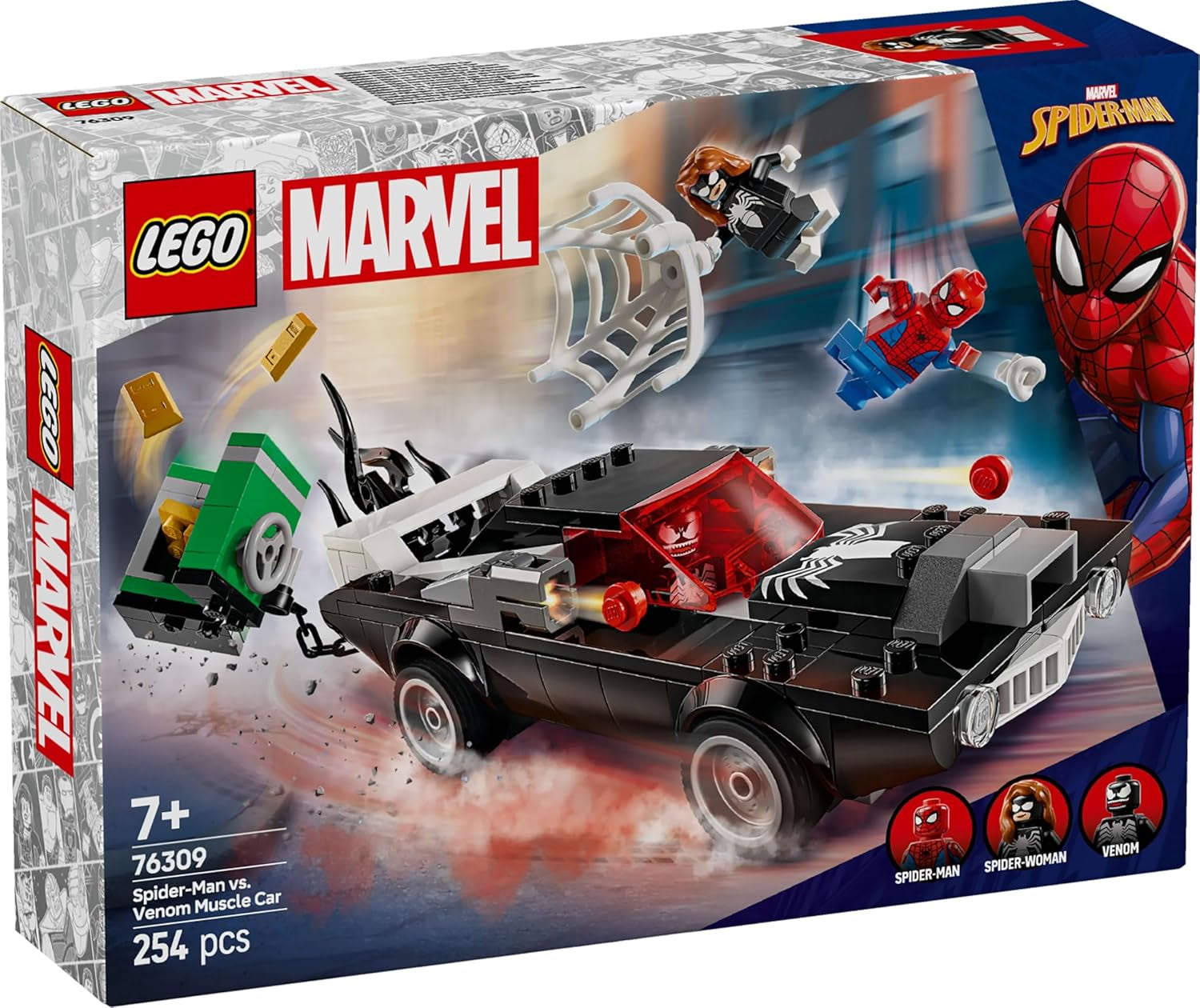 LEGO Marvel Spider-Man Mech Vs. Venom Muscle Car - Mașină de jucărie cu 3 minifigurine de supereroi - Model de mașină cu trăgători - Cadou pentru băieți și fete cu vârsta de 7+ 76309 Seturi de constructie Besuche den LEGO-Store