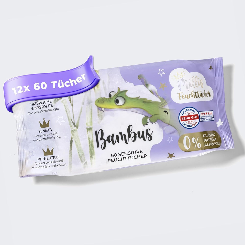 Șervețele umede Millis Bamboo Baby Sensitive pentru pielea delicată a bebelușilor – 5 x 60 bucăți – Curățare naturală, blândă și sustenabilă – Șervețele biodegradabile pentru bebeluși, fără plastic și fără alcool