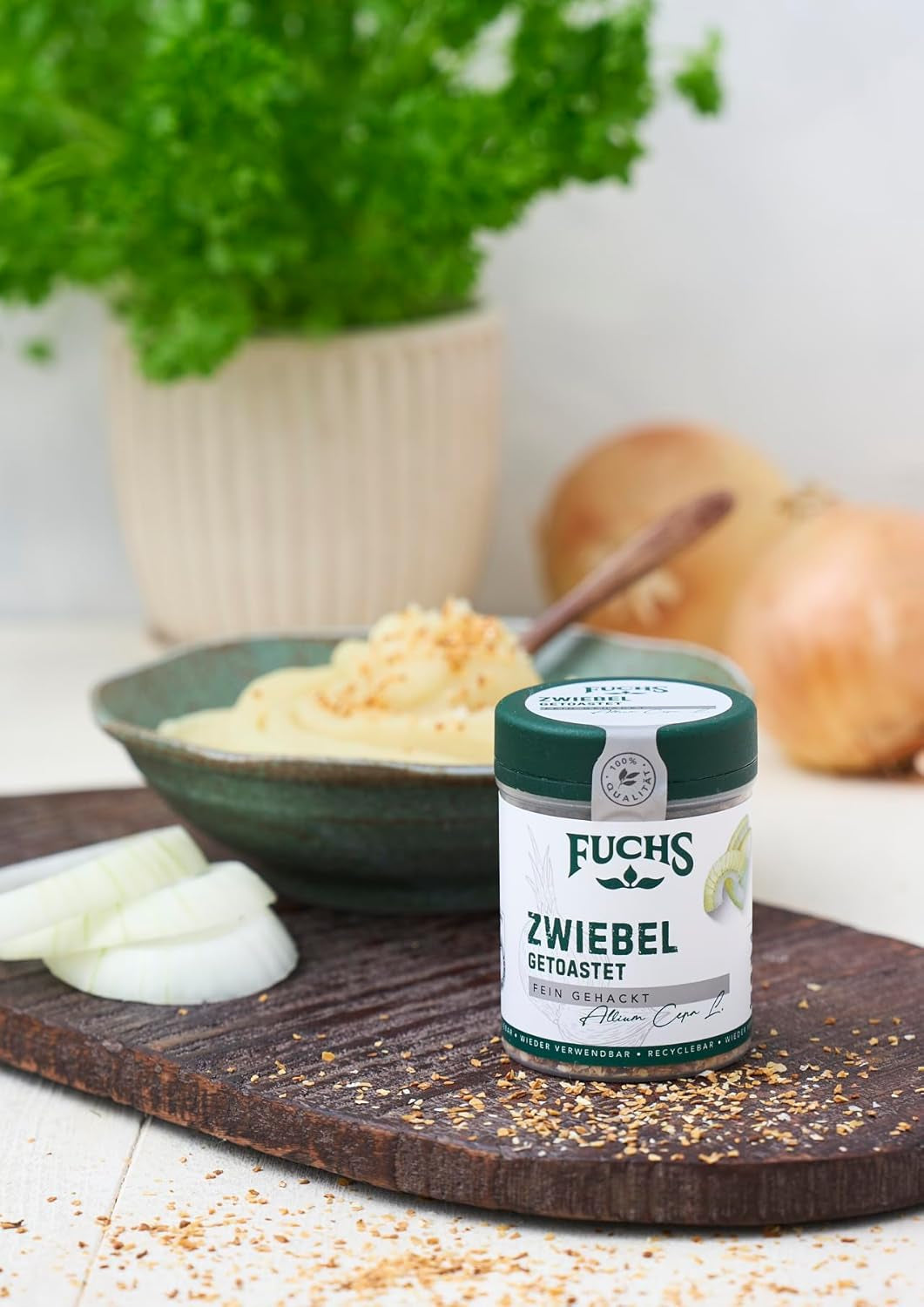 Fuchs Gewürze - Zwiebel getoastet - fein gehackte Zwiebeln für Dips, Schmorgerichte oder Hamburger - natürliche Zutaten - 55 g in wiederverwendbarer, recyclebarer Dose