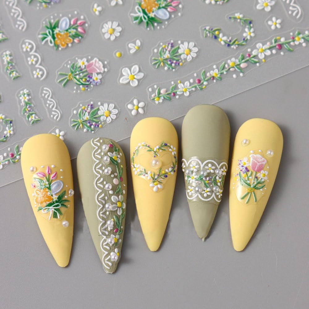 5Pcs Geprägte Gänseblümchen Nagelsticker Selbstklebend Blumen Nagelaufkleber Gänseblümchen Schmetterling Nagel Sticker Nageldesign Aufkleber Nägel Zubehör Blume Nail Sticker Flower Nail Art Stickers