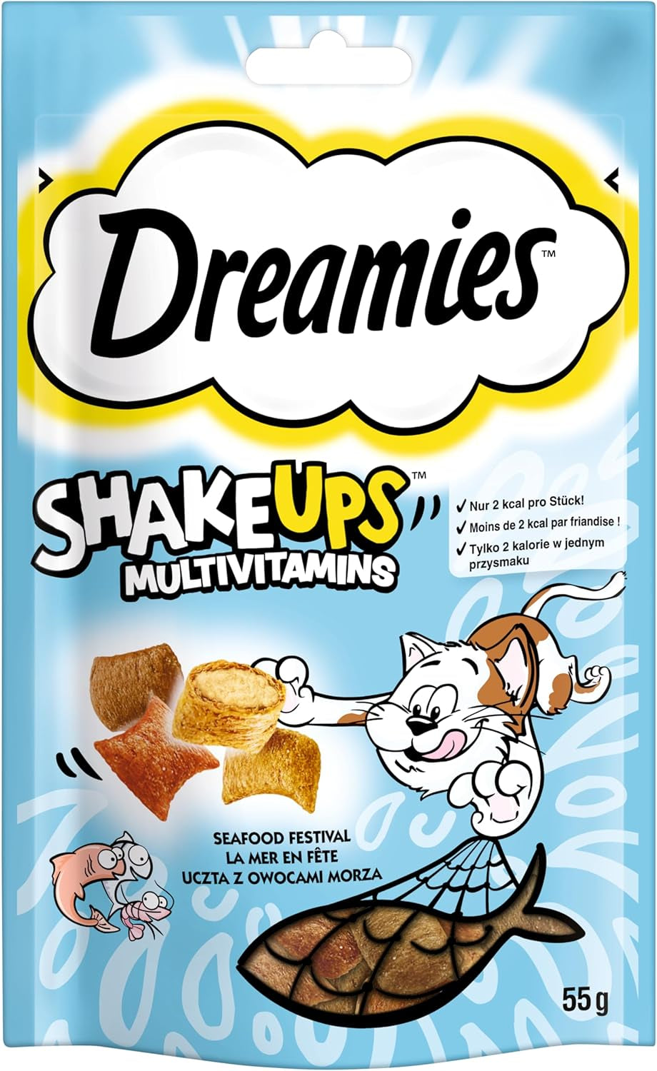 DREAMIES SHAKE UPS Multivitamine Seafood Festival, recompense pentru pisici în pliculețe porționate - 55g (6 pliculețe)