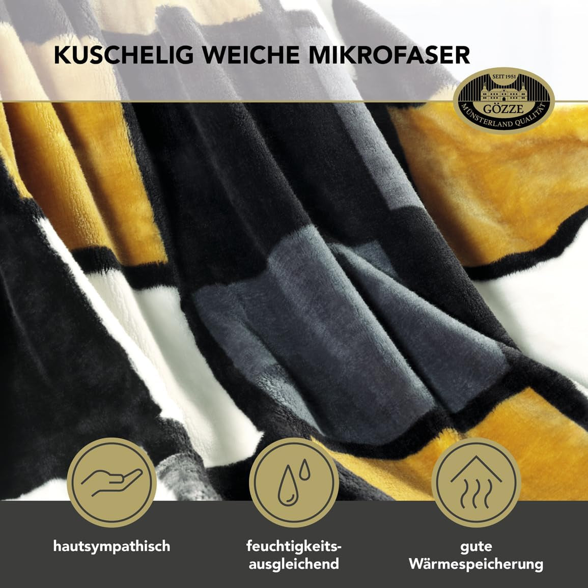 Gözze - Weiche und bequeme Decke, Kaschmirgefühl, schweres Stoffgewicht 500 g/m², Antigua, 150 x 200 cm - Senf/Schwarz/Weiß Betten und Decken Besuchen Sie den Gözze-Store