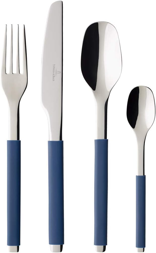 Villeroy And Boch - S+ Taupe, set de tacâmuri din oțel inoxidabil de înaltă calitate cu mâner din silicon Naty Shop Albastru 24 tacamuri