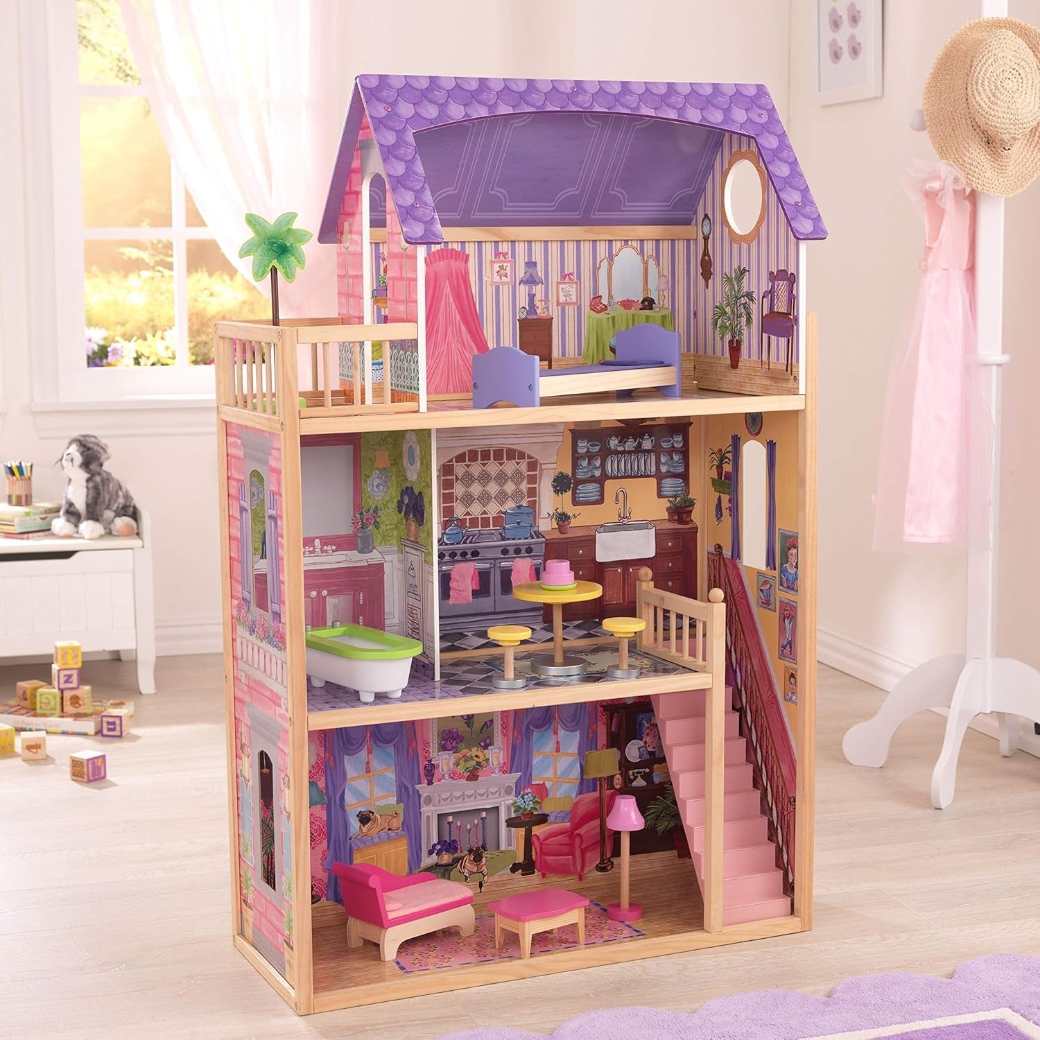 Kidkraft Kayla Holzpuppenhaus mit Möbeln und Zubehör, 3-stöckiges Spielset für 30-cm-Puppen, Spielzeug für 3-Jährige, 65092 – Exklusiv im Naty Shop von Amazon Dollhouses