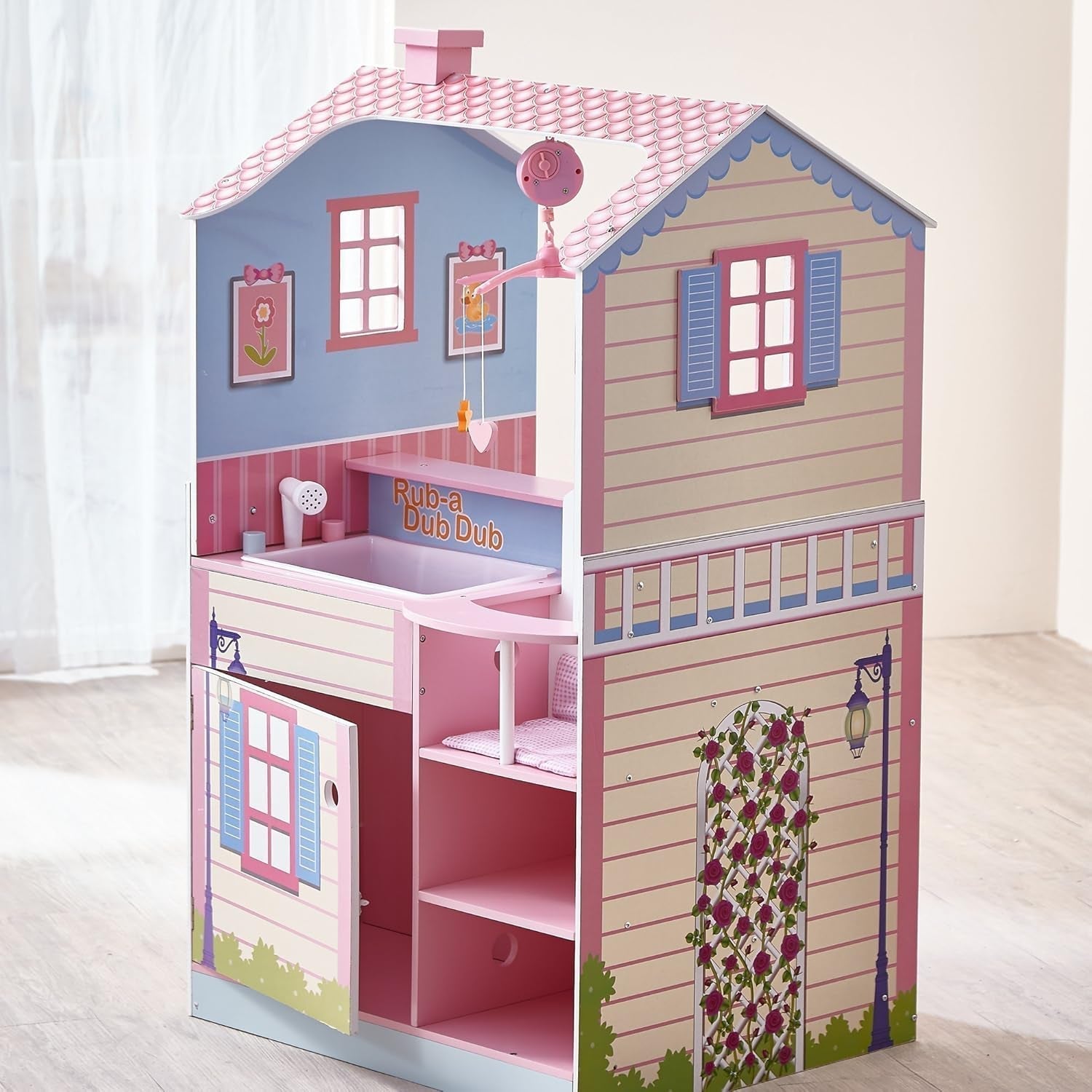 Olivia's Little World 2 En 1 Casă de păpuși și stație de schimbare Masa de schimbare Playset pentru păpuși din lemn cu scaun înalt TD-11460A Casute de papusi Naty Shop