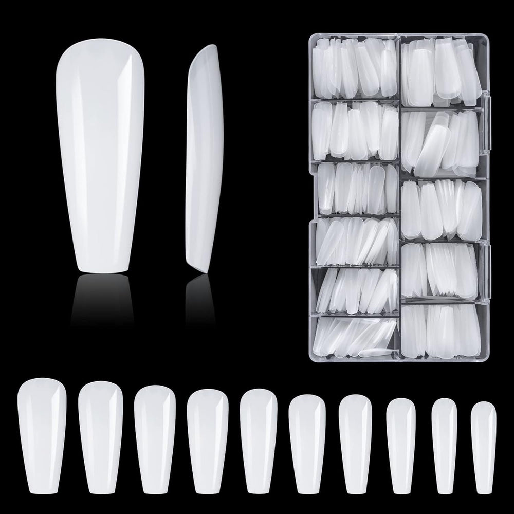 Tipuri de unghii, 500 bucăți de vârfuri de unghii false acrilice artificiale cu cutie de depozitare pentru saloane de unghii și nail art DIY acasă, 10 dimensiuni