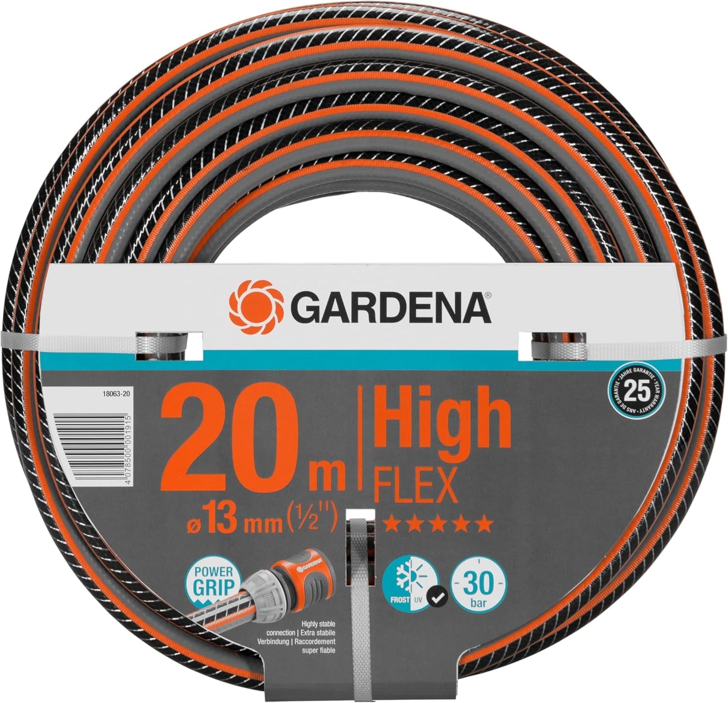 Furtun Gardena Comfort HighFLEX 13 mm (1/2 inch), 30 m: Furtun de grădină cu profil Power-Grip, presiune de spargere de 30 bar, stabil dimensional, rezistent la UV (18066-20) negru