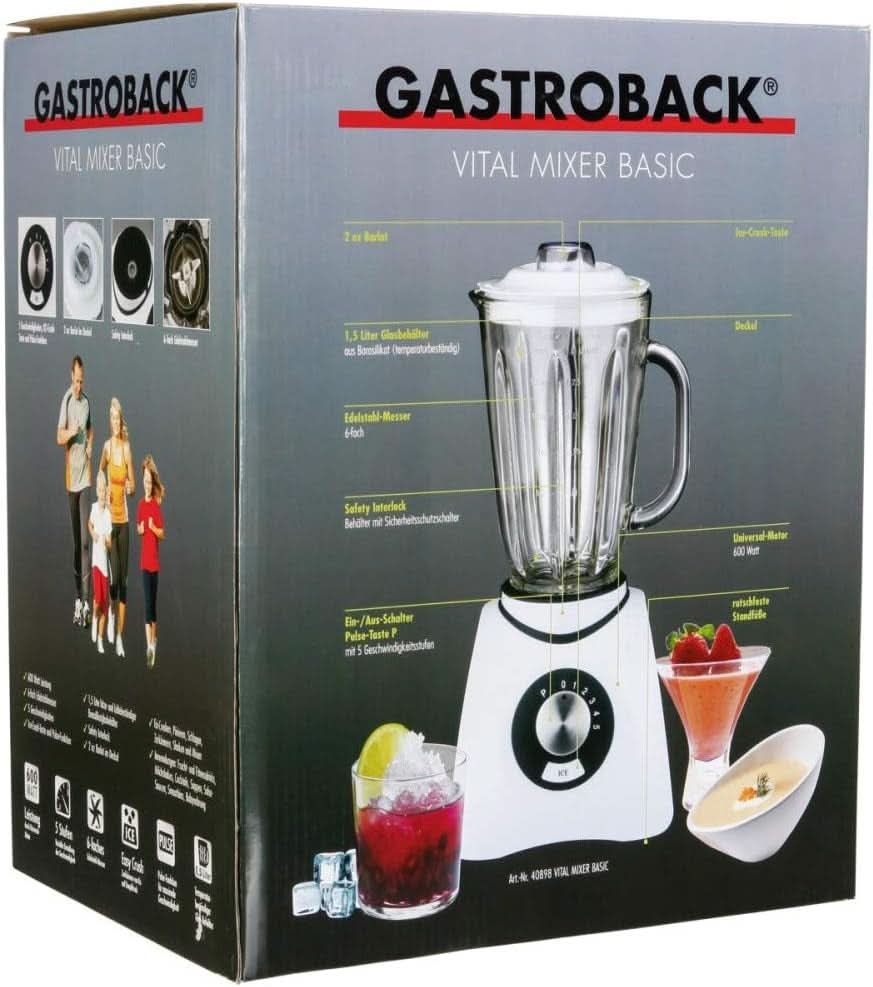 Gastroback 40898 Vital Basic, Mit integrierter Ice-Crush-Funktion, Leistungsstarker 600-Watt-Motormixer, Kunststoff, 1,5 Liter, Weiß Kitchen Naty Shop