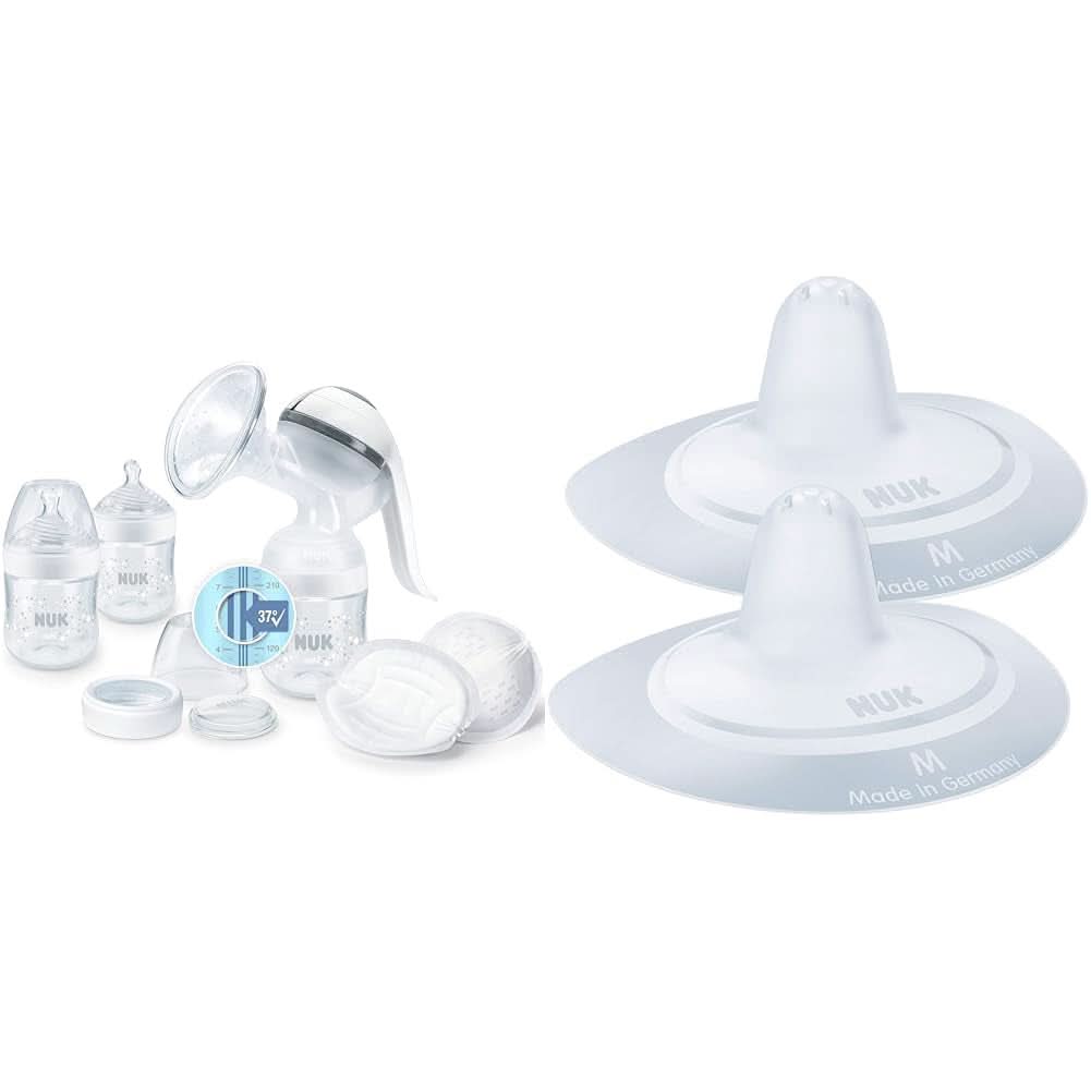 NUK Nature Sense Handmilchpumpe | Stillset mit manueller Milchpumpe, Flaschen und Stilleinlagen Ultra Dry Comfort | 6 Stück Lebensmittel- und Stillzubehör Bebe Naty Shop Paket mit Brustwarzenschutz. Mit Temperaturkontrolle