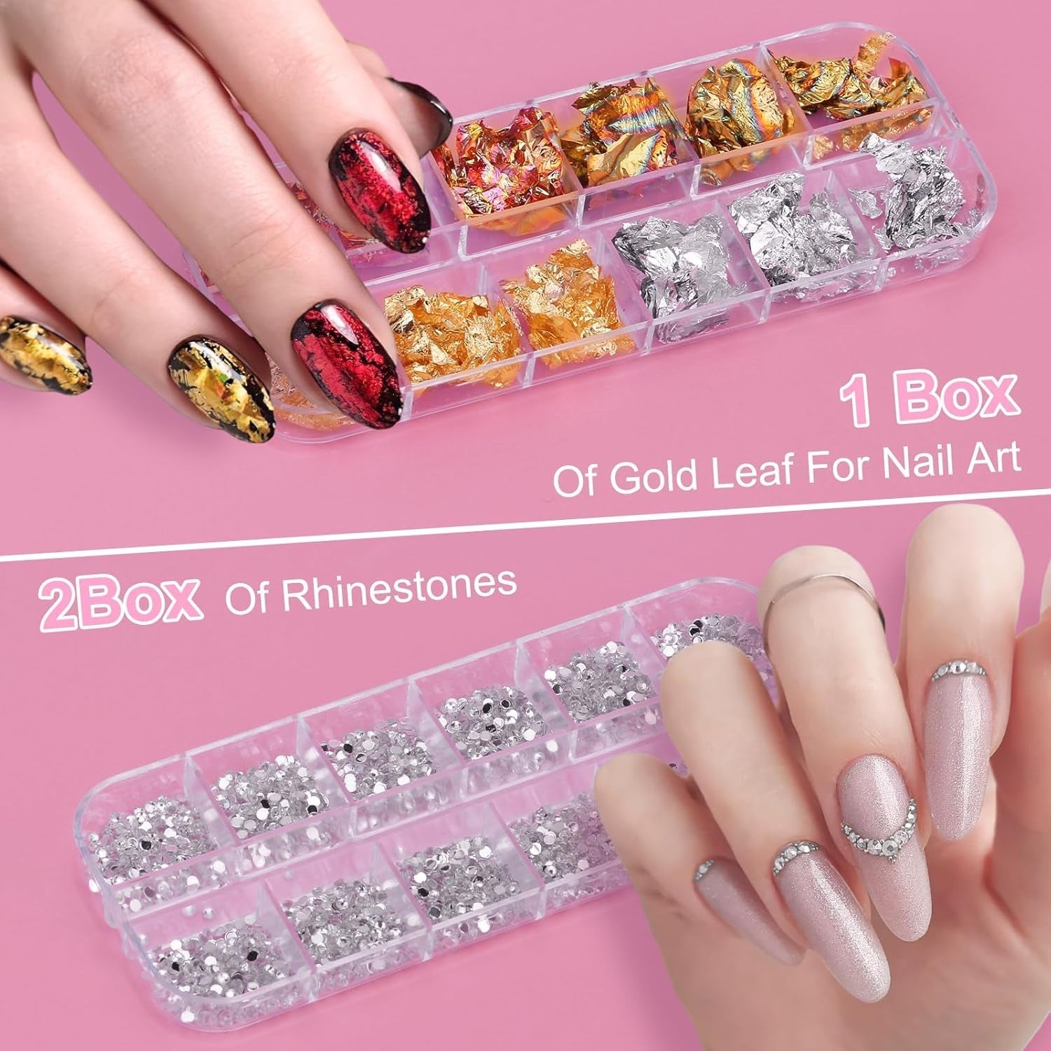 53 Blätter Nagelsticker, Nail Art Pinsel Und Dekorationen Set, 15 PCS Pinsel, 5 PCS Dotted Pens, Strasssteine, Blattgold Für Nagelkunst, Nagel Pailletten, Nagelkunstwerkzeuge Und Dekorationssets