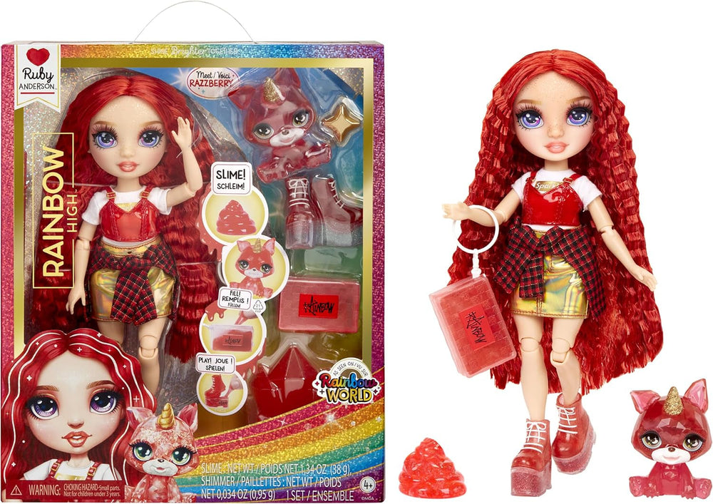Rainbow High Fashion Doll mit Schleim und Haustier – Amaya (Regenbogenfarben) – 28 cm große Glitzerpuppe mit Glitzerschleim, magischem Tier und Modeaccessoires – Spielzeug für Kinder – 4–12 Jahre Naty Shop Rubin Dolls (Rot)