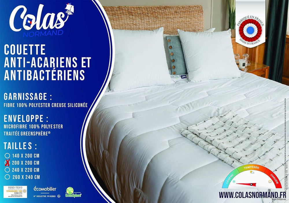 COLAS NORMAND Anti-Milben- und antibakterielle Steppdecke, leicht, 200 x 200 cm, langanhaltende Wirkung, perfekte Hygiene, Mikrofaser, weich und bequem, waschbar, französisch, weiß 53130248 Naty Shop Steppdecken und Quilts