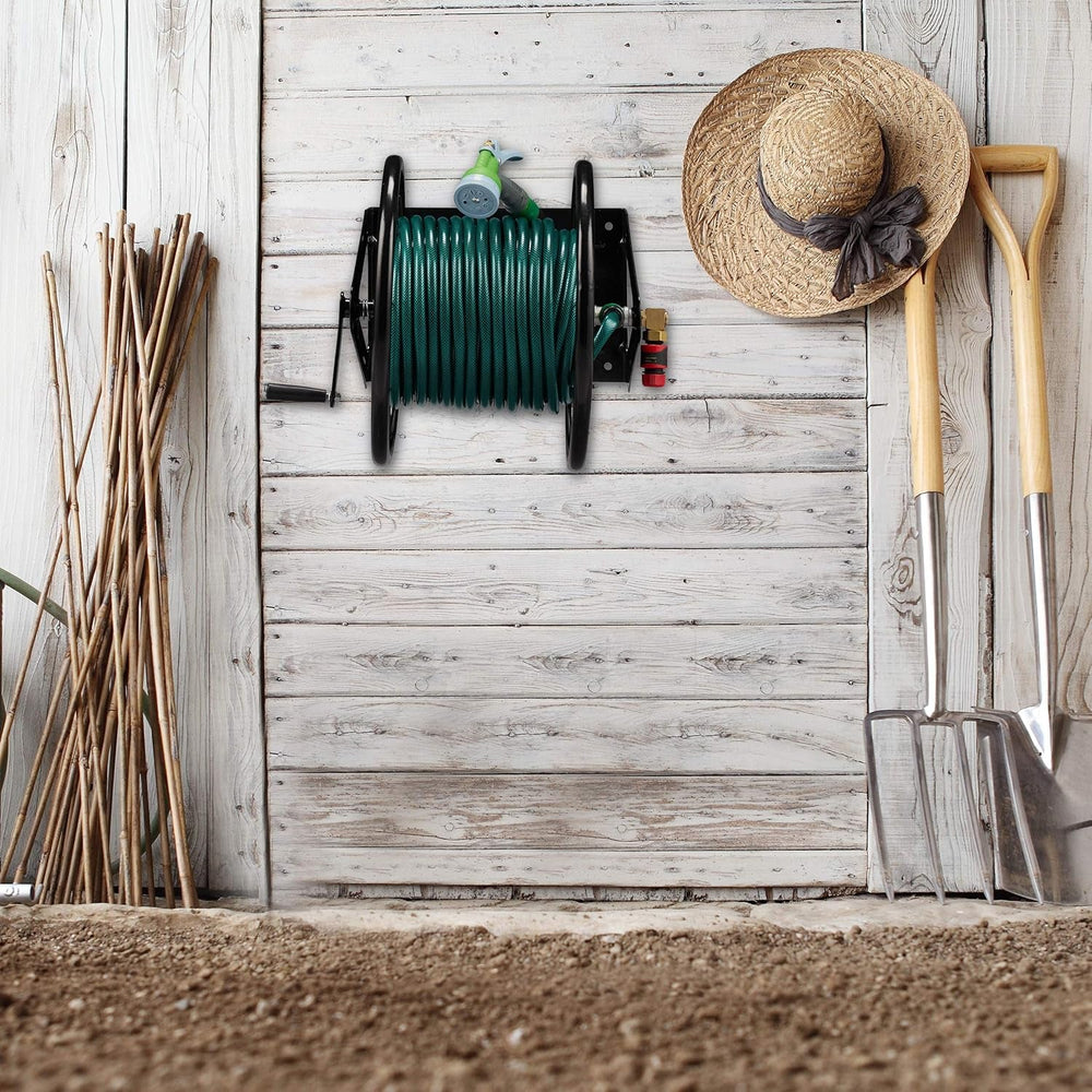 Tambur furtun Relaxdays, tambur furtun cu manivelă, pentru furtun de 60 m, oțel, ÎxLxA: 41,5 x 54 x 45 cm, negru