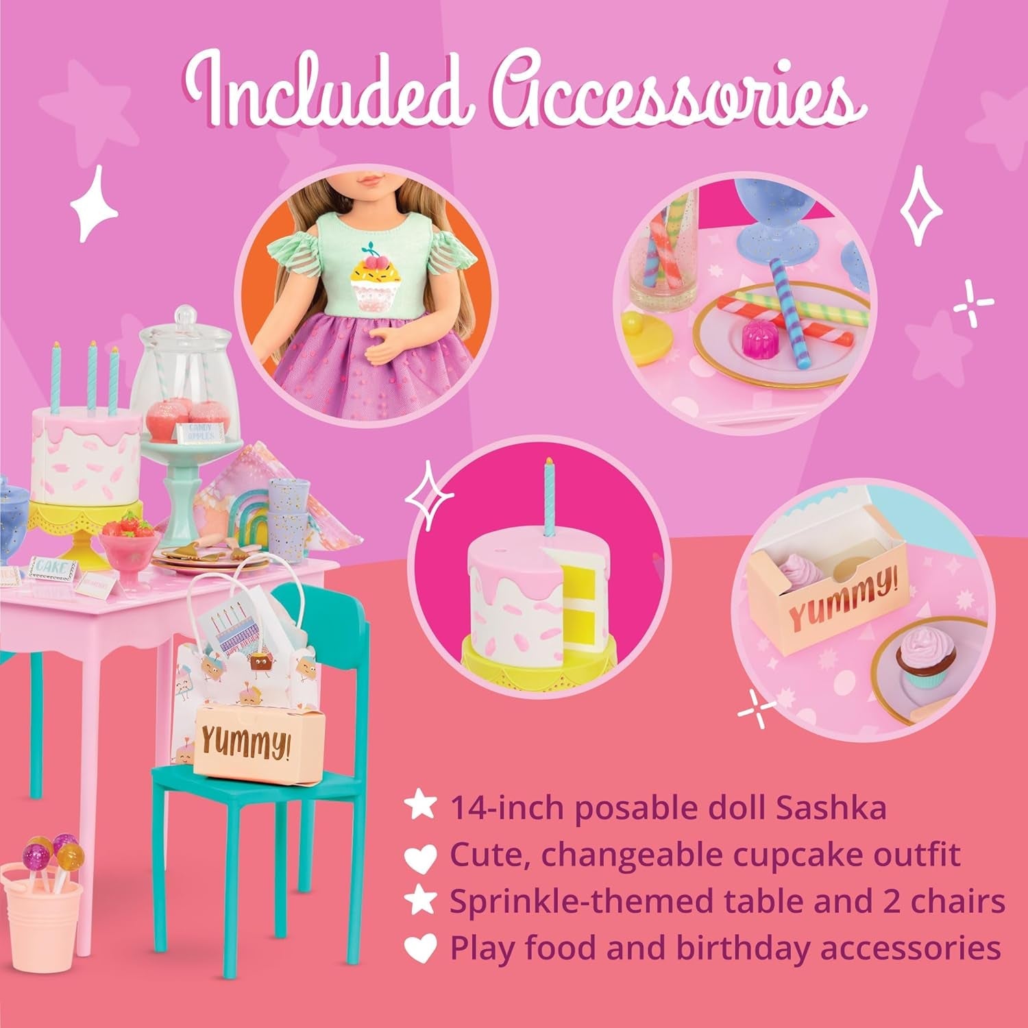 Glitter Girls - GG Surprise Birthday Party Set & Sashka - Bewegliche 36cm Puppe Sashka - Überraschungs-Geburtstagsparty-Set - Tisch & Stühle Möbel - 3 Jahre +