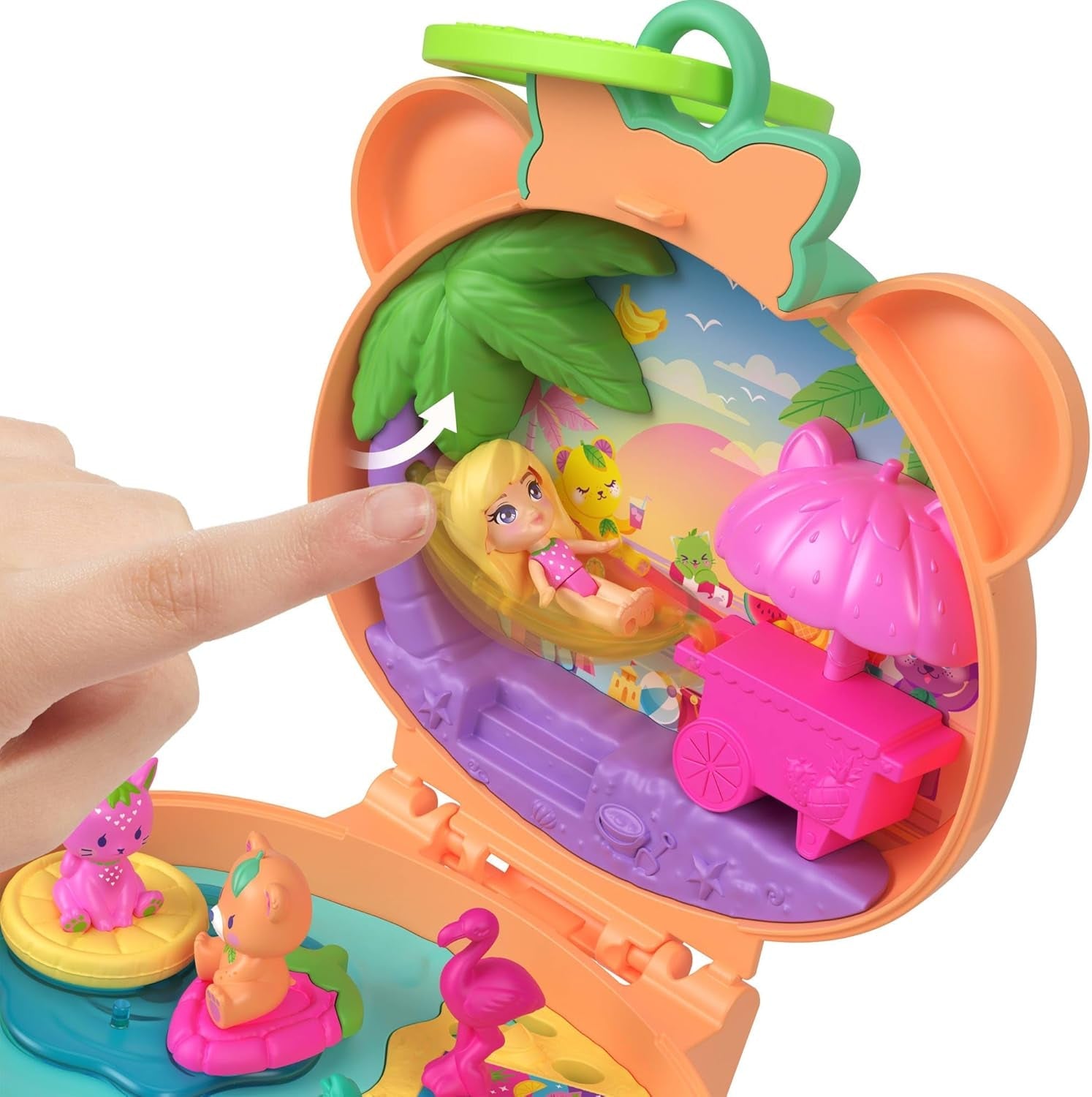 Polly Pocket Puppen- und Haustier-Spielset, Plüschbär-Schatulle, Schlüsselanhänger und Plüschtier, Obst-Zubehörteile und Anhänger, JKC79