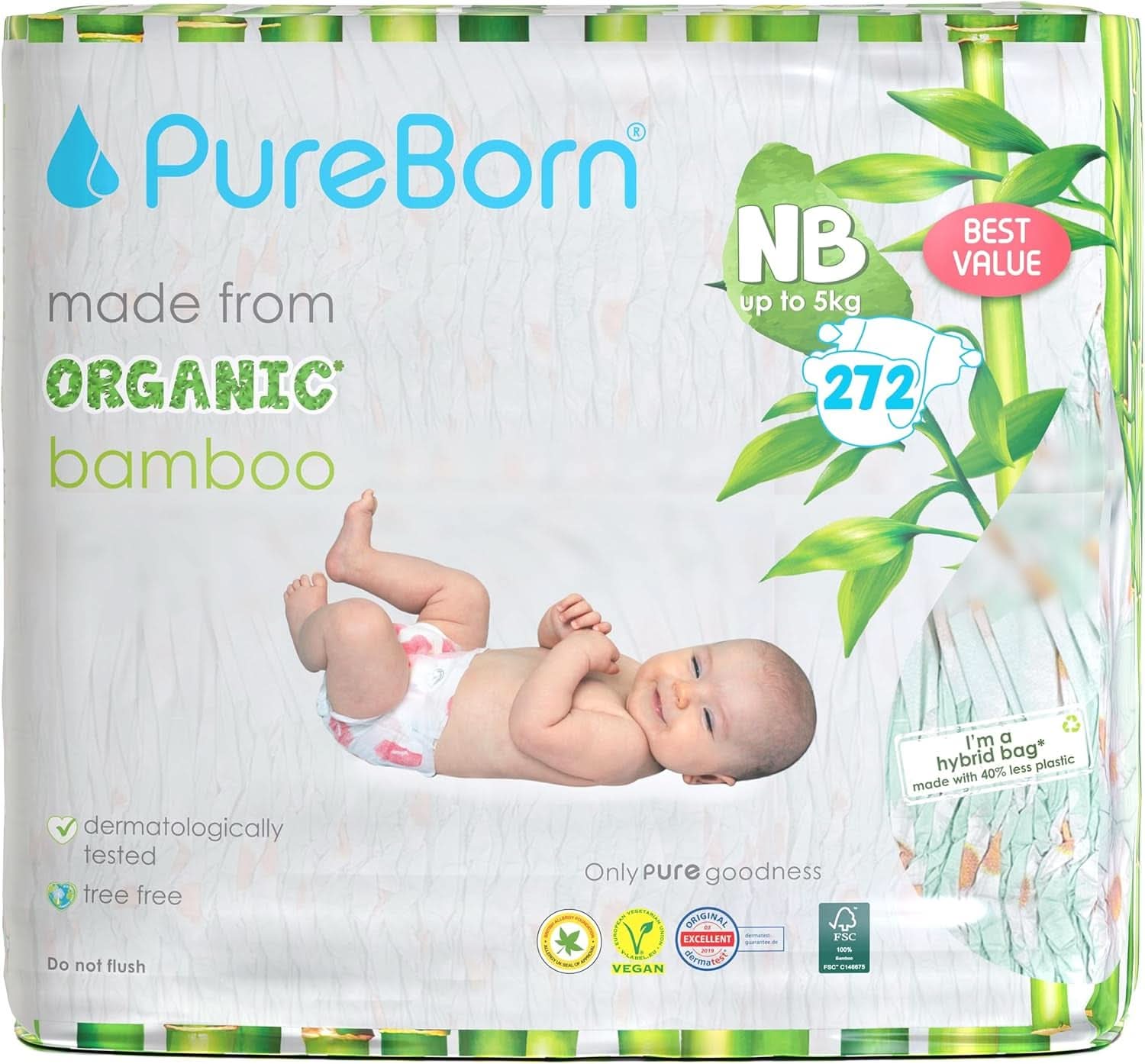 Pureborn Eco Bio-Bambuswindeln, Größe für Neugeborene (bis zu 5 kg), umweltfreundlich, hypoallergen, ultraweich, Nässeindikator, verschiedene Aufdrucke Mutter und Baby Naty Shop Neugeborene (272 Stück)