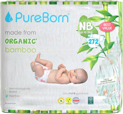 Pureborn Eco Bio-Bambuswindeln, Größe für Neugeborene (bis zu 5 kg), umweltfreundlich, hypoallergen, ultraweich, Nässeindikator, verschiedene Aufdrucke Mutter und Baby Naty Shop Neugeborene (272 Stück)