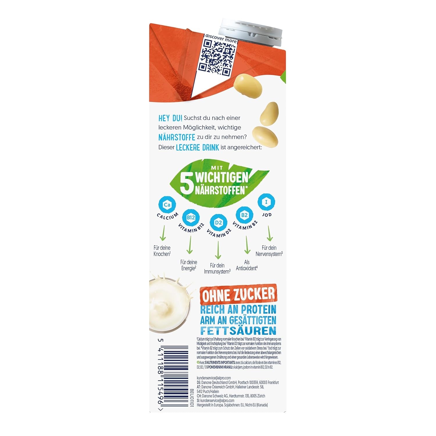 Alpro Sojadrink – Vegan und milchfrei – Von Natur aus laktosefrei und fettarm – Reich an pflanzlichen Proteinen, inhalt Calcium und Vitamine – 8 x 1 L – Haltbar