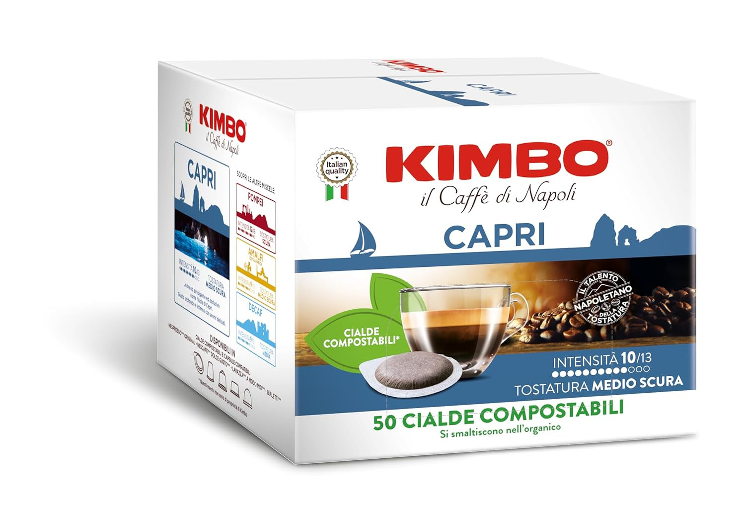 , Le Meraviglie del Gusto Capri, 50 Kaffeepads, Tiefer und Intensiver Geschmack, Intensität 10/13, Mittel-dunkle Röstung, 1 Packung mit 50 Pods