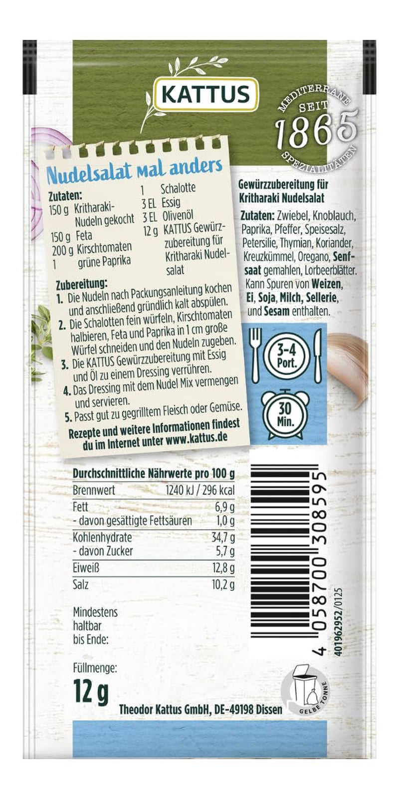- Kritharaki-Nudelsalat Gewürzzubereitung | Gewürz für 3-4 Portionen | Ohne Zusatz von Hefeextrakt, Aroma und Zusatzstoffen | 12 g im Beutel