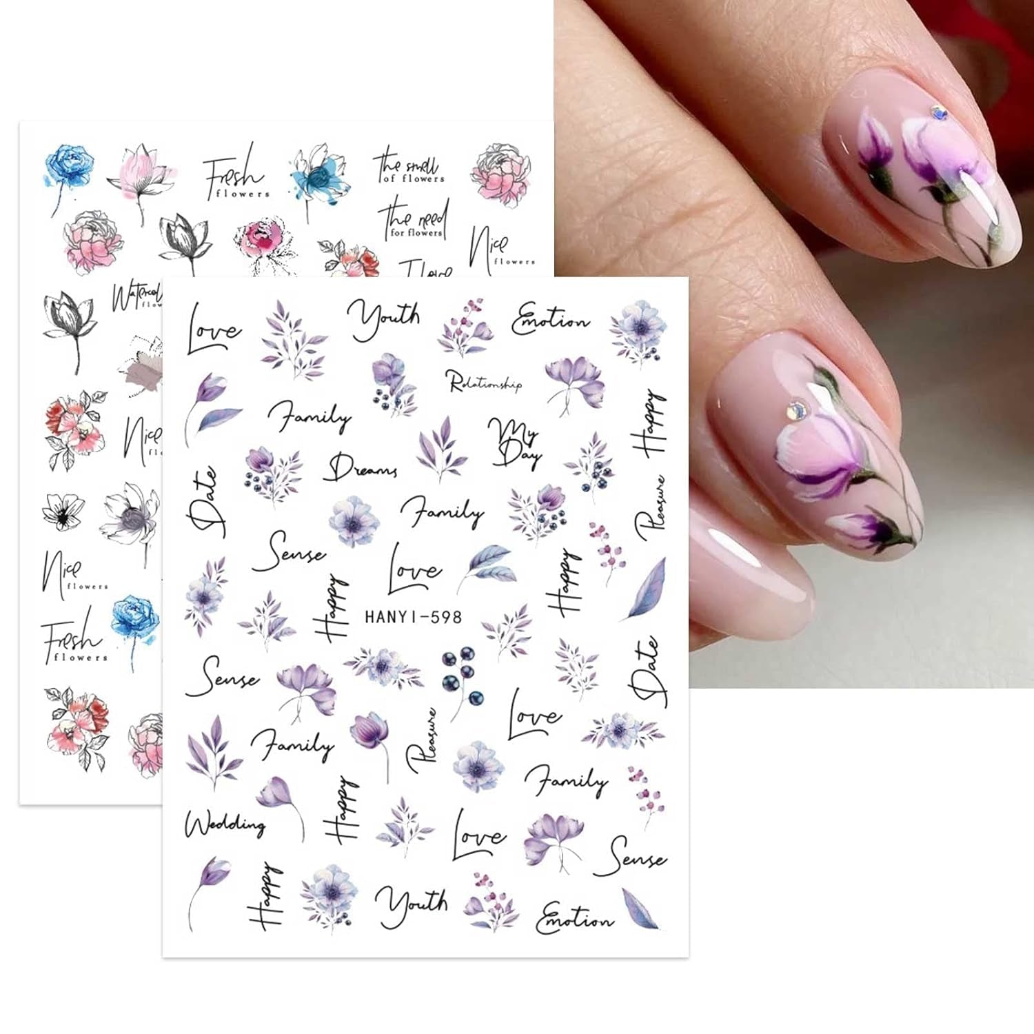 JMEOWIO Nagelsticker Frühling Blumen 10 Blatt Nail Art Sticker Selbstklebend Nagelaufkleber Buntes Sommer Blumen Dekoration Nageldesign Zubehör