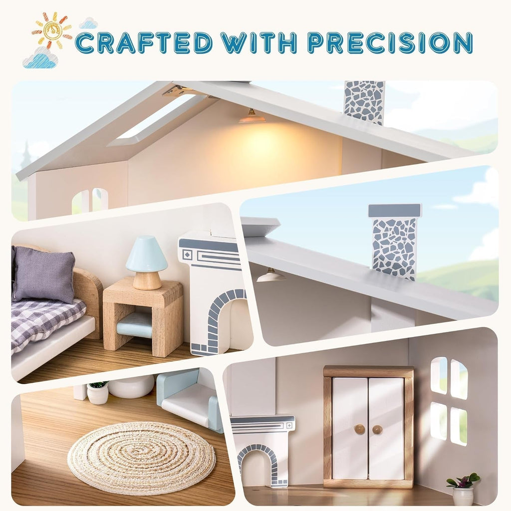 Casă de păpuși din lemn cu lumini, 3 etaje, inclusiv mobilier și scări, jucărie pentru copii cu vârsta de peste 3 ani Casute de papusi Naty Shop