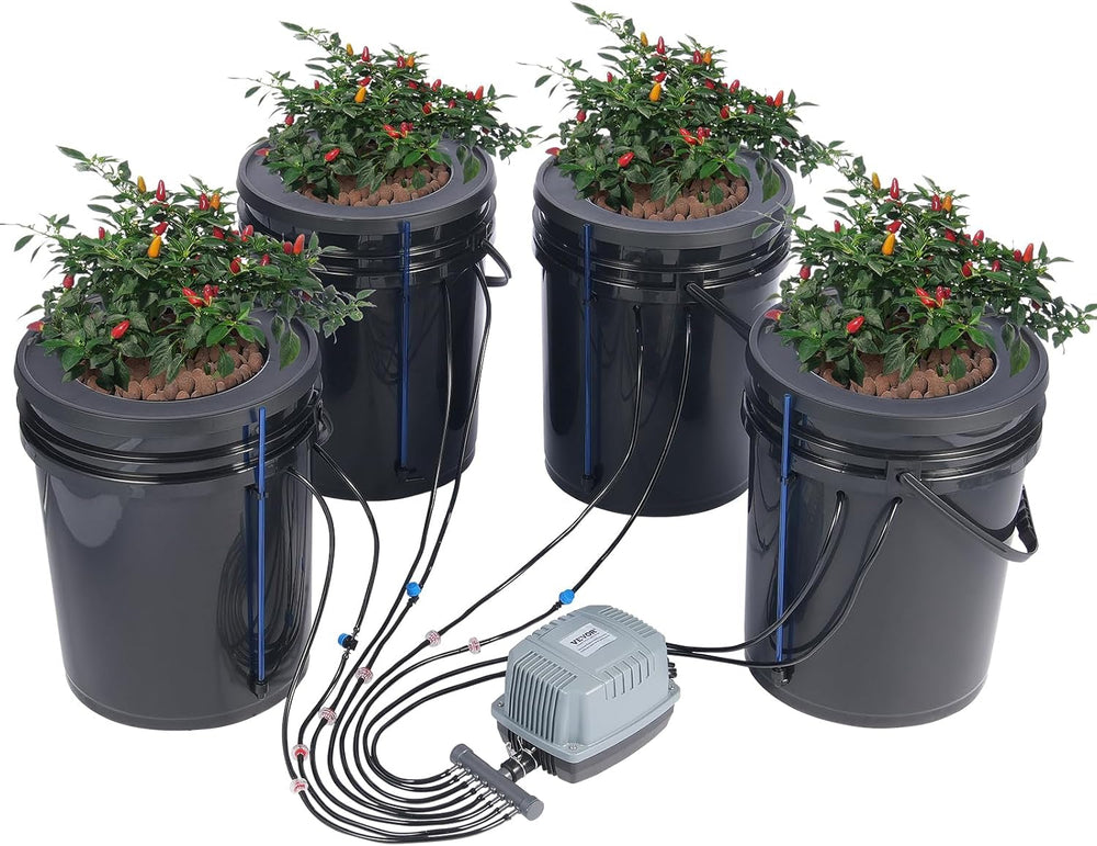Sistem de creștere hidroponică VEVOR DWC, Sisteme de creștere hidroponică, Cultivare în apă adâncă 4 găleți de 20 de litri, Sistem DWC cu pompă de aer, pietre de aer și indicator al nivelului apei pentru legume cu frunze