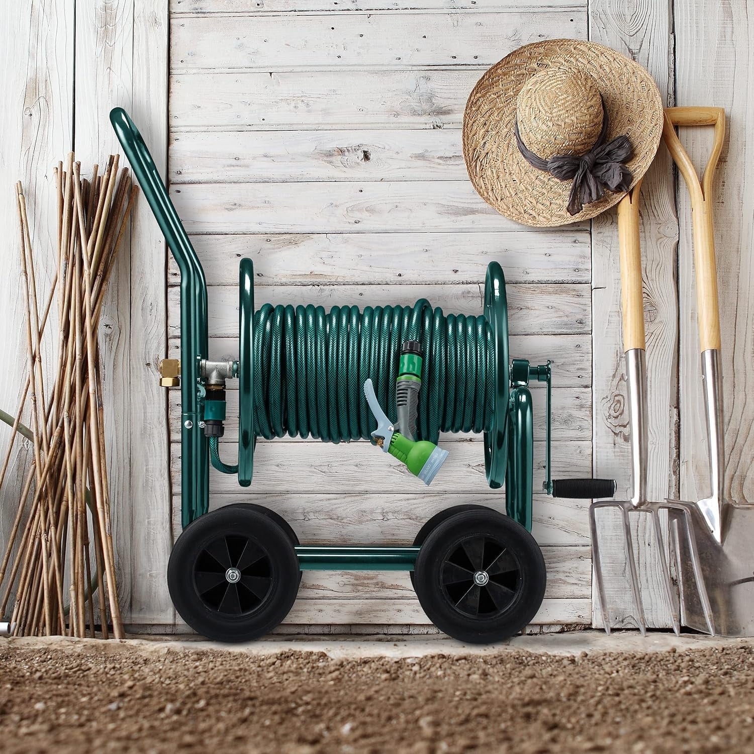 Cărucior furtun Relaxdays, până la 60 m, 4 anvelope din cauciuc solid, cuplaj clic, rolă metalică pentru furtun, distribuitor furtun, verde