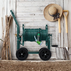 Cărucior furtun Relaxdays, până la 60 m, 4 anvelope din cauciuc solid, cuplaj clic, rolă metalică pentru furtun, distribuitor furtun, verde