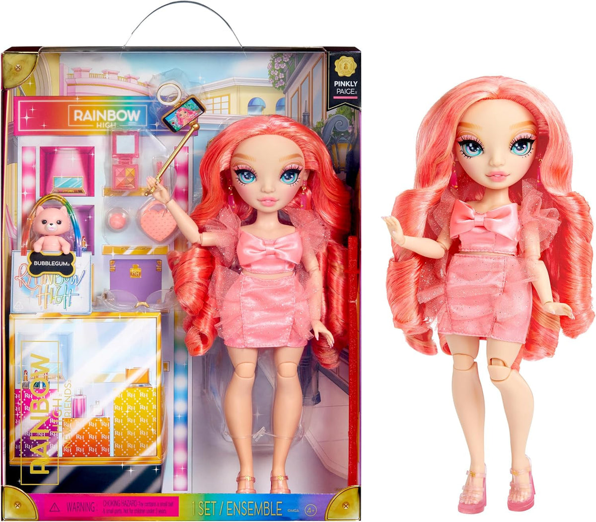 Păpușa Rainbow High Fashion - Pinkly Paige - Păpușă roz la modă într-o ținută la modă - cu ochelari și peste 10 accesorii de joacă colorate - Ideală pentru copii cu vârsta cuprinsă între 4 și 12 ani și colecționari