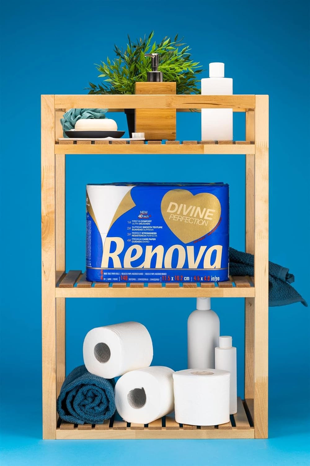 Hârtie igienică Renova Renova Divine Perfection, 42 role, hârtie igienică premium, 4 straturi, ultra moale, rezistență sporită, grosime, moale și absorbantă, hârtie certificată Fsc, 4400 G