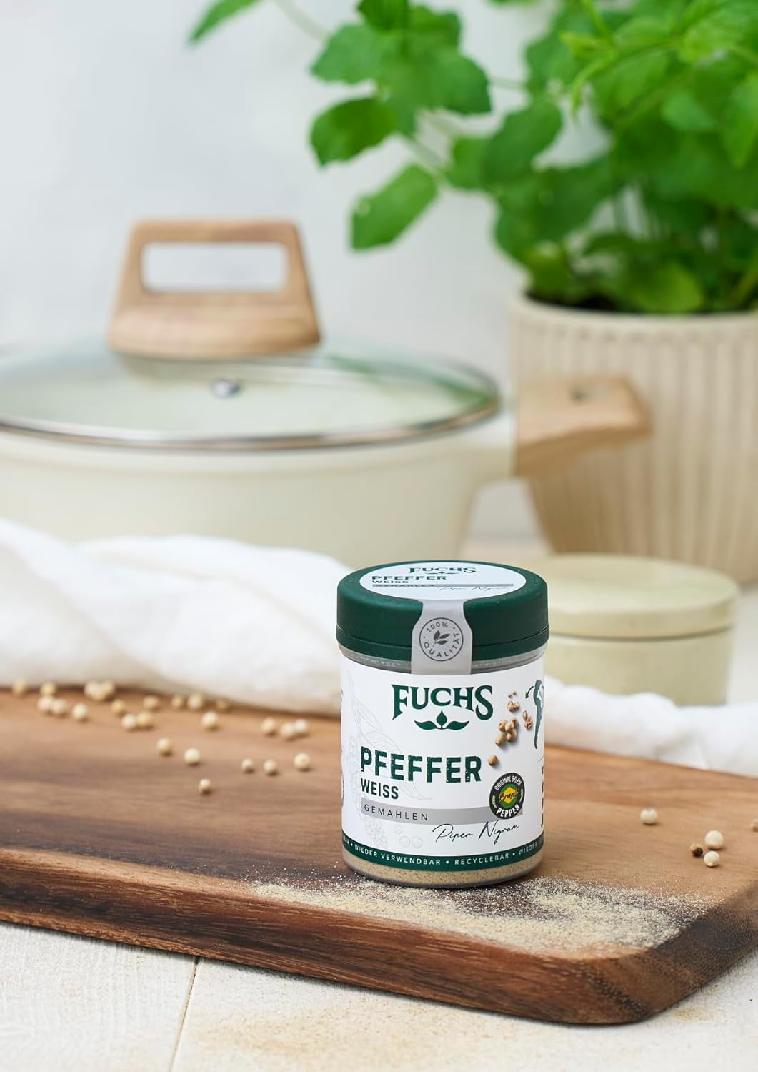 Fuchs Gewürze - Pfeffer weiß gemahlen - Pfeffer aus dem Amazonasgebiet, für helle Saucen, Fisch oder Suppen - natürliche Zutaten - 60 g in wiederverwendbarer, recyclebarer Dose