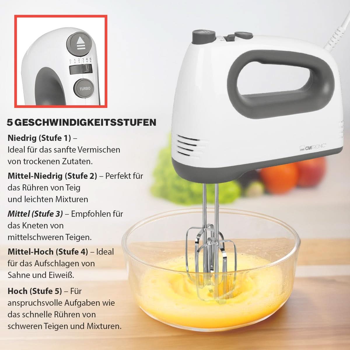 Clatronic Mixer | Kraftvoller 400 Watt-Motor | Handmixer | Turbostufe & 5 Geschwindigkeitsstufen | Handrührgerät | Spülmaschinengeeignete Edelstahlquirle Und -Knethaken | HM 3775 Bucatarie Naty Shop