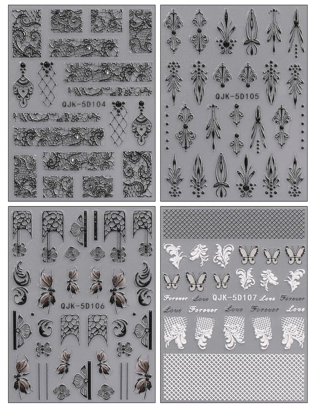 JMEOWIO 3D Nagelsticker Schwarz Weiß Blume Nail Art Sticker Selbstklebend Nagelaufkleber 5D Stereoskopisch Blumen Dekoration Nageldesign Zubehör 4 Blatt