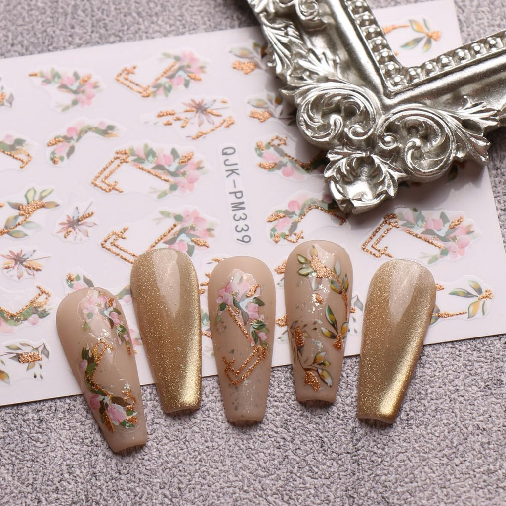 JMEOWIO Nagelsticker Blumen Glitzer 9 Blatt Nail Art Sticker Selbstklebend Nagelaufkleber Frühling Sommer Blumen Dekoration Nageldesign Zubehör