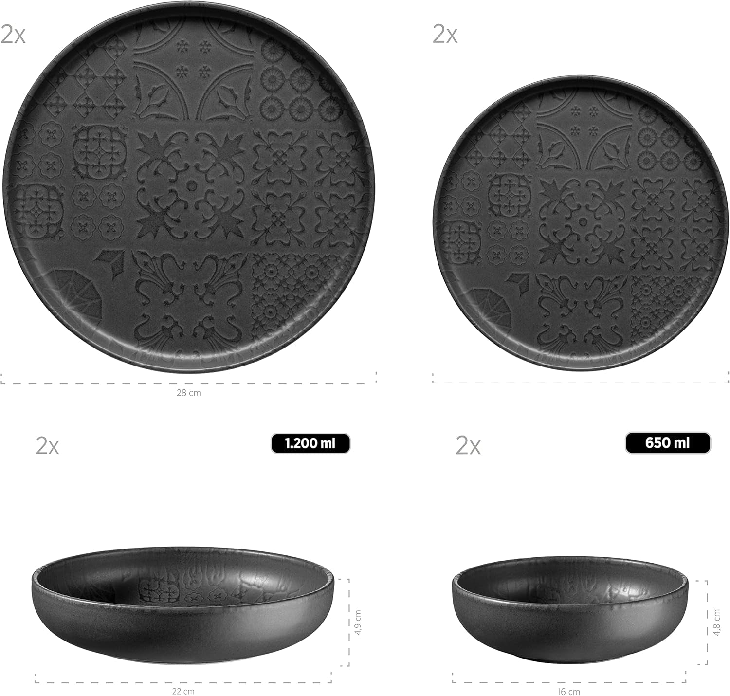 MÄSER 934064 Serie Tiles Modernes Vintage Geschirr Set Für 2 Personen in Maurischem Design Mit Mattglasur, 8-Teiliges Tafelservice Mit Tellern Und Schalen Aus Hochwertiger Keramik, Steinzeug, Schwarz Tableware Sets Naty Shop