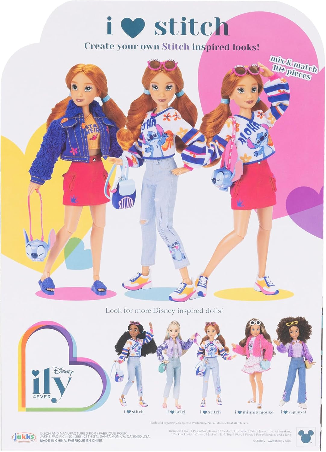 Păpuși la modă Disney ILY 4EVER Stitch cu păr roșu, 29 cm înălțime, cu 13 puncte de articulație, două ținute complete mix-and-match și un inel strălucitor cu Mickey pentru tine!