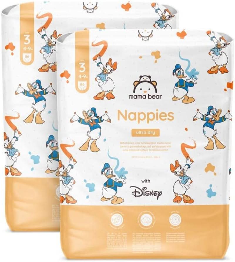 Mama Bear Disney Ultra Dry Windeln, Größe 4 (8–14 kg), Weiß, 84 Stück (1 Packung), Naty Shop Größe 3 (4–9 kg), Monatspackung
