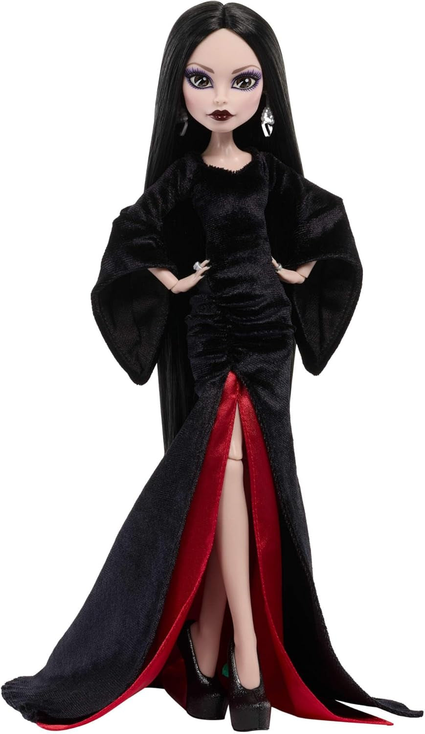 Monster High x Wednesday Puppe, Morticia Addams Sammelfigur im schwarz-purpurrotem Samtkleid mit Schmuck, von der Serie inspirierte Heels und Puppenständer, JLK99