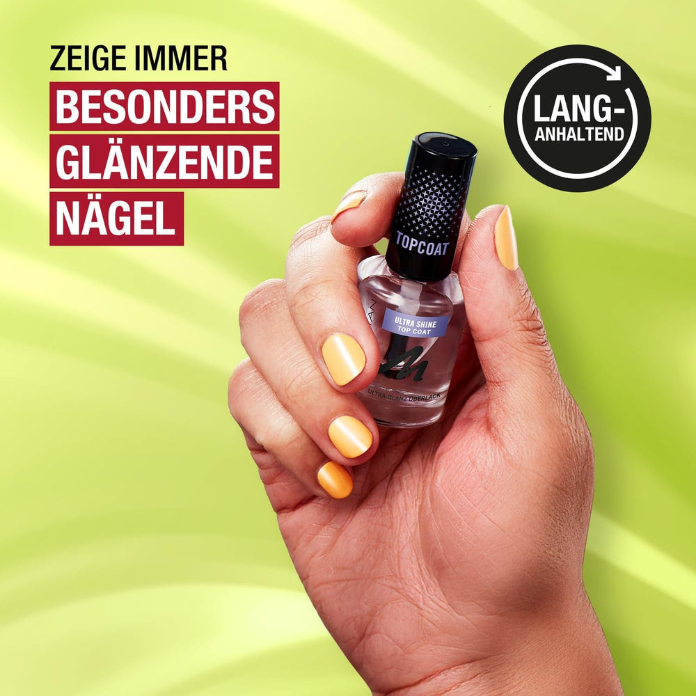 Manhattan Nail Top Coat Ultra Shine, top coat transparent cu finisaj lucios pentru o manichiură de lungă durată, 12 ml