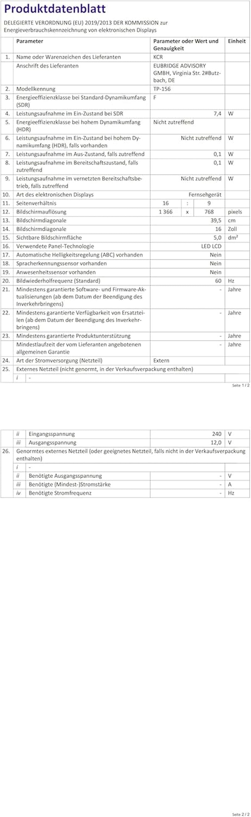 Televizor digital Freeview de 16 inci, tuner DVB-T2, intrare AV, HDMI/VGA, port USB, alimentare de la mașină (12 volți) sau de la rețea, telecomandă