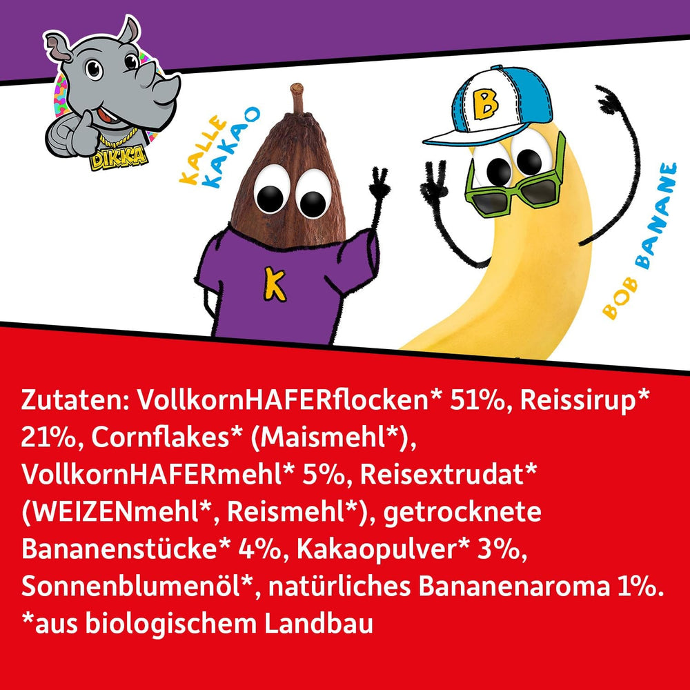 FRECHE FREUNDE KIDS, Bobs & DIKKAs Muesli crocant cu banană și cacao, muesli crocant cu ciocolată pentru copii, conținut scăzut de zahăr, fără aditivi, 100% vegan, 6 bucăți (6 x 280g)