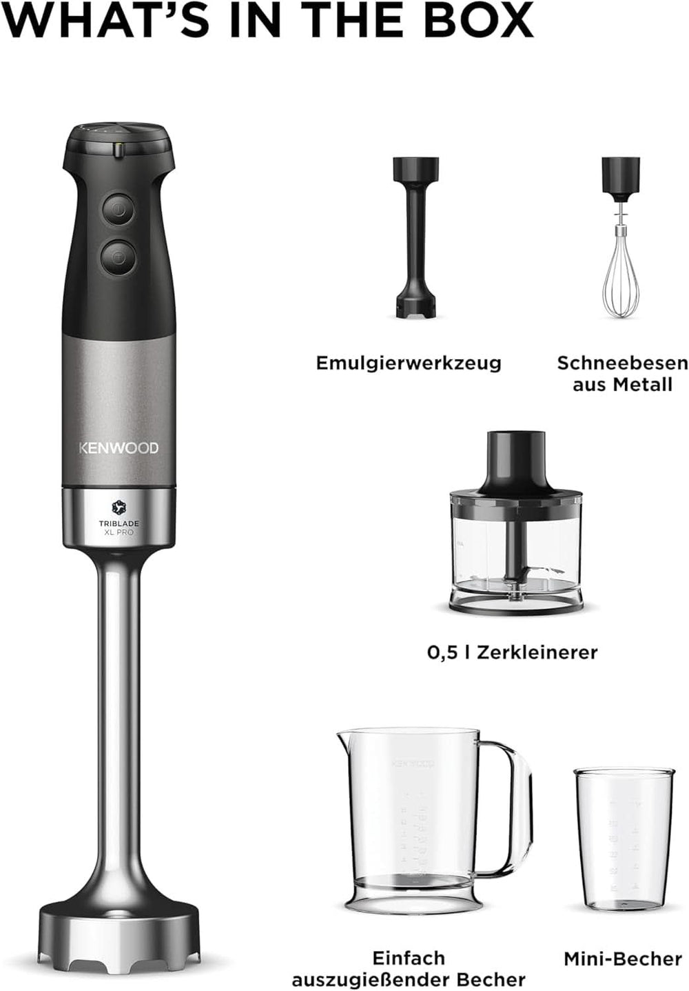Kenwood Triblade XL Pro Stabmixer HBM80.322BK, 1200W, Variable Speeds, Edelstahl(Pürierfuß), Schneebesen, Emulgieraufsatz, 500Ml Zerkleiner, 700 & 250Ml Becher, Spülmaschinenfeste Teile Bucatarie Naty Shop