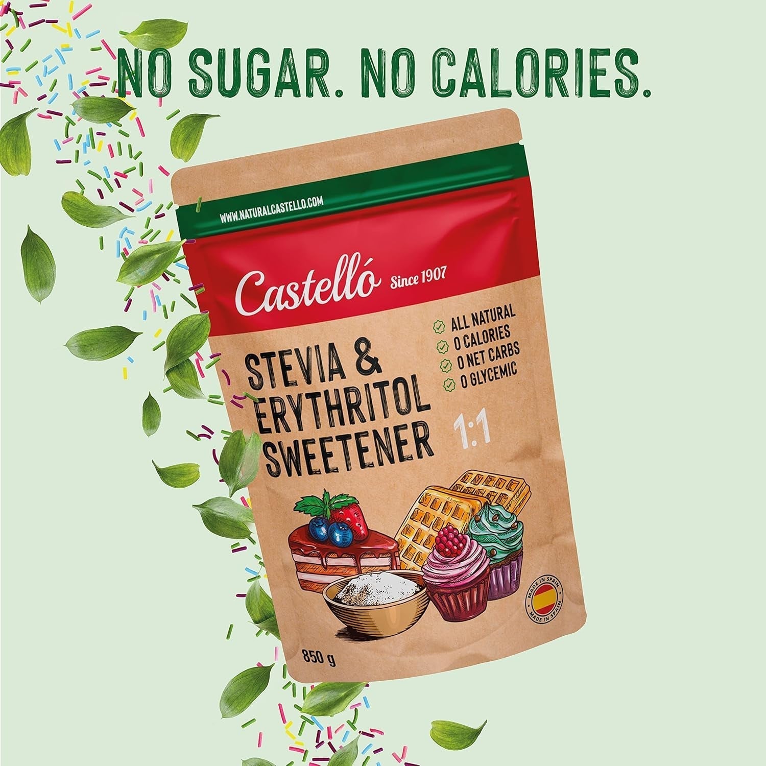 Stevia + Erythritol 1:1 Süßstoff | 1G = 1G Zucker | 100% Natürlicher Zuckerersatz - 0 Kalorien - 0 Glykämischer Index - Keto Und Paleo - 0 Netto-Kohlenhydrate - Kein GVO - Castello seit 1907-850 G Sweeteners Naty Shop