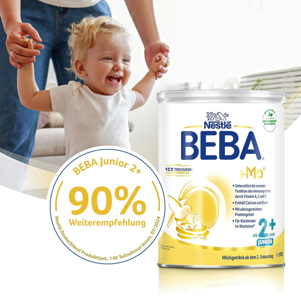 Băutură cu lapte BEBA Junior 2+ de la 2 ani, Cu HMO, Conținut de proteine adaptat vârstei, Numai lactoză, Fără ulei de palmier, Fără ulei de pește, Hrană pentru copii mici, Lapte praf pentru bebeluși, Pachet de 3 (3 x 800g)