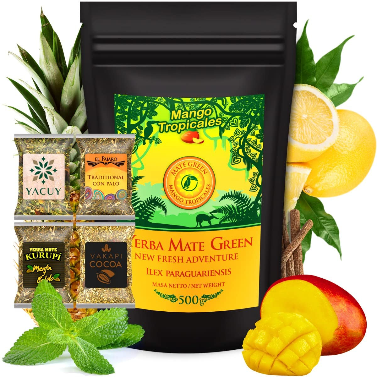 Set ceai Yerba Mate ● Ceai Mate  Mango Tropicales 500G ● Set ceai Mate 4X25G ● Ceai Mate cu fructe ● Ceai Yerba Mate cu mango, ananas, lămâie