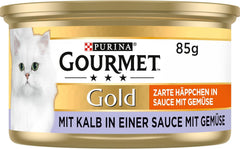 Gourmet Gold Tender Morsels în sos cu legume, hrană umedă pentru pisici cu vițel și legume, pachet de 12 (12 x 85g)