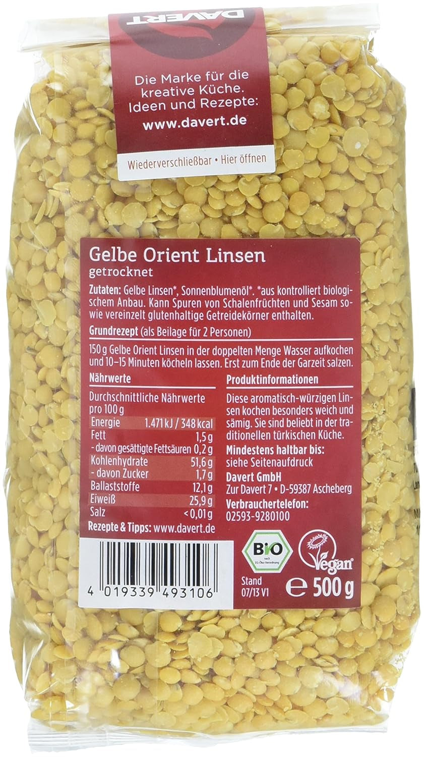 Davert orientalische gelbe Linsen (1 x 500 g) – Bio