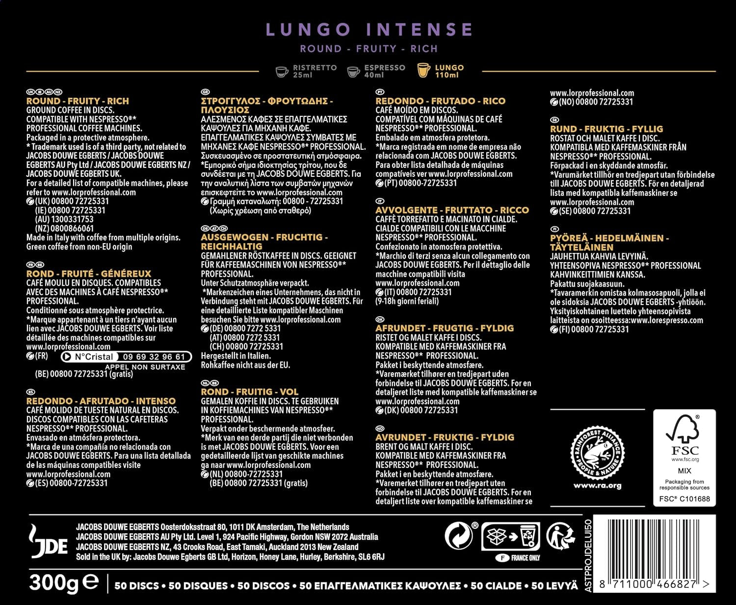 L'OR Suprême Lungo Intense 5, mild, Intensität 5/10, Nespresso* Pro kompatible Kaffeekapseln, 50 Kapseln